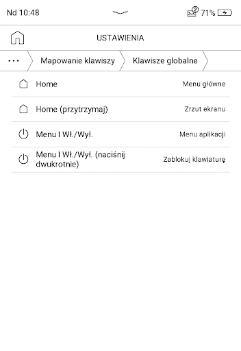 Mapowanie klawiszy w PocketBook InkPad Lite – dostępne przyciski w trybie klawiszy globalnych