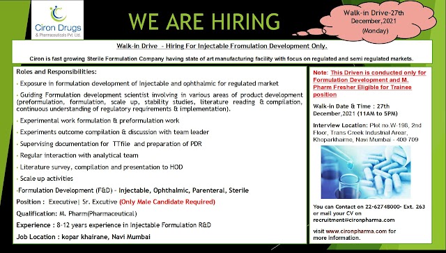 Ciron Drugs | Walk-in interview for FR&D (Injectables) on 27th Dec 2021