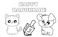 Happy Hanukkah puppy and dreidel coloring page