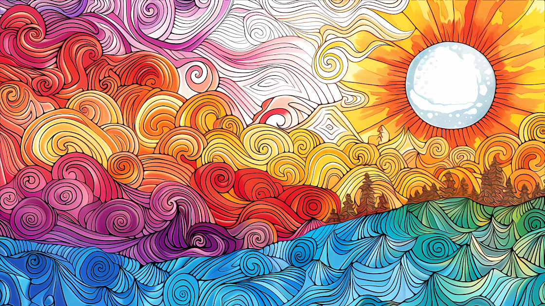 Psychedelic and vibrant swirl-patterned landscape with a bright sun, intricately illustrated with a vivid spectrum of warm and cool colors.