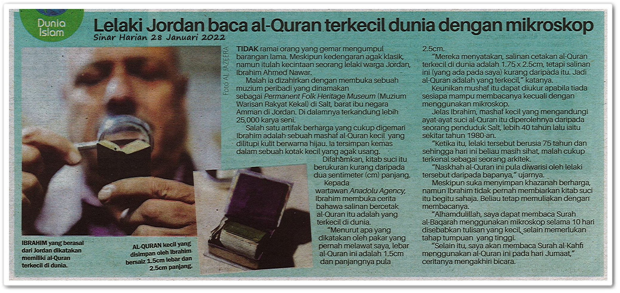 Lelaki Jordan baca Al-Quran terkecil dunia dengan mikroskop - Keratan akhbar Sinar Harian 28 Januari 2022