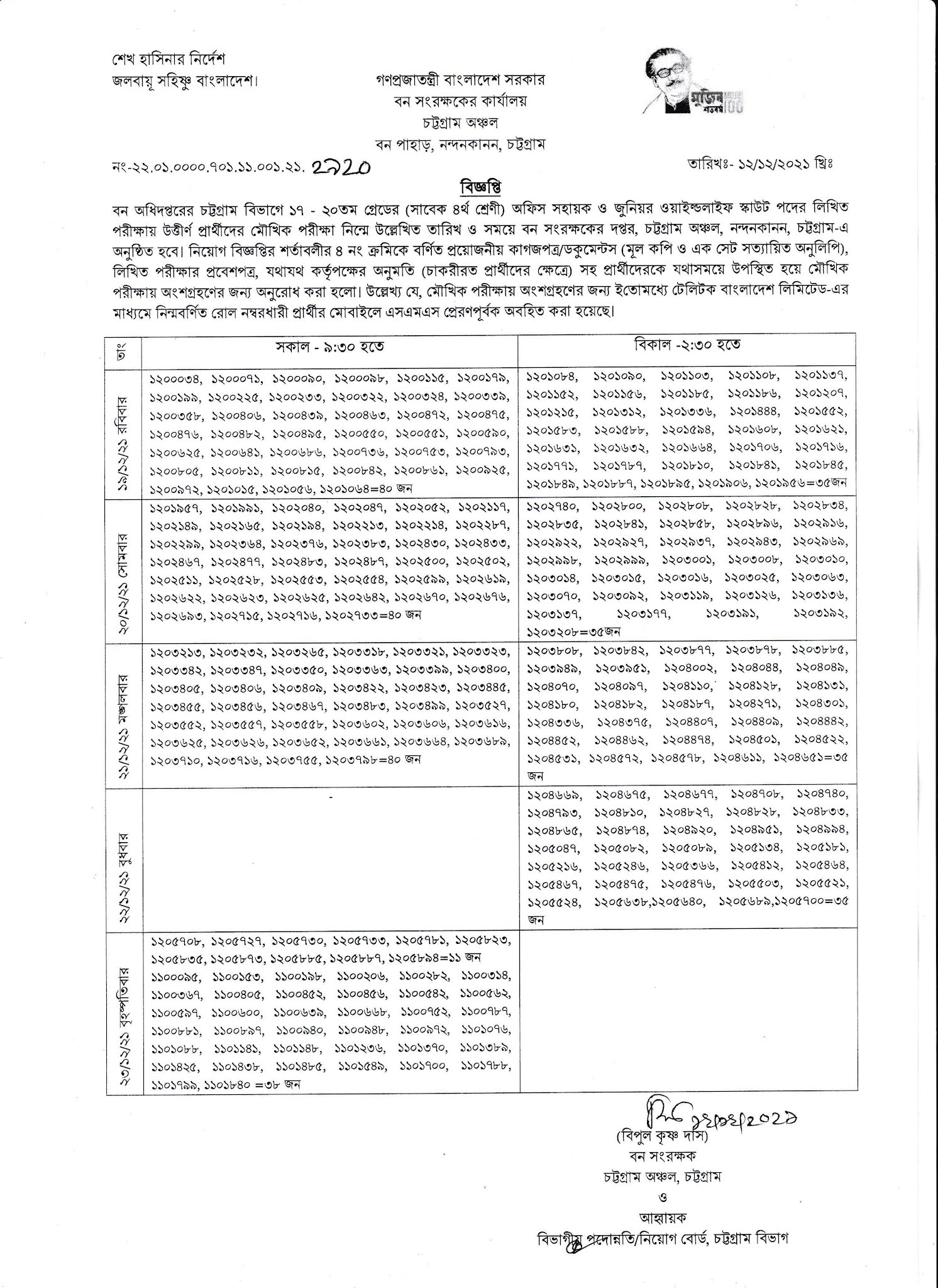 বন সংরক্ষকের কার্যালয়, চট্টগ্রাম অঞ্চল এর লিখিত পরীক্ষার ফলাফল ও মৌখিক পরীক্ষার সময়সূচি প্রকাশ।