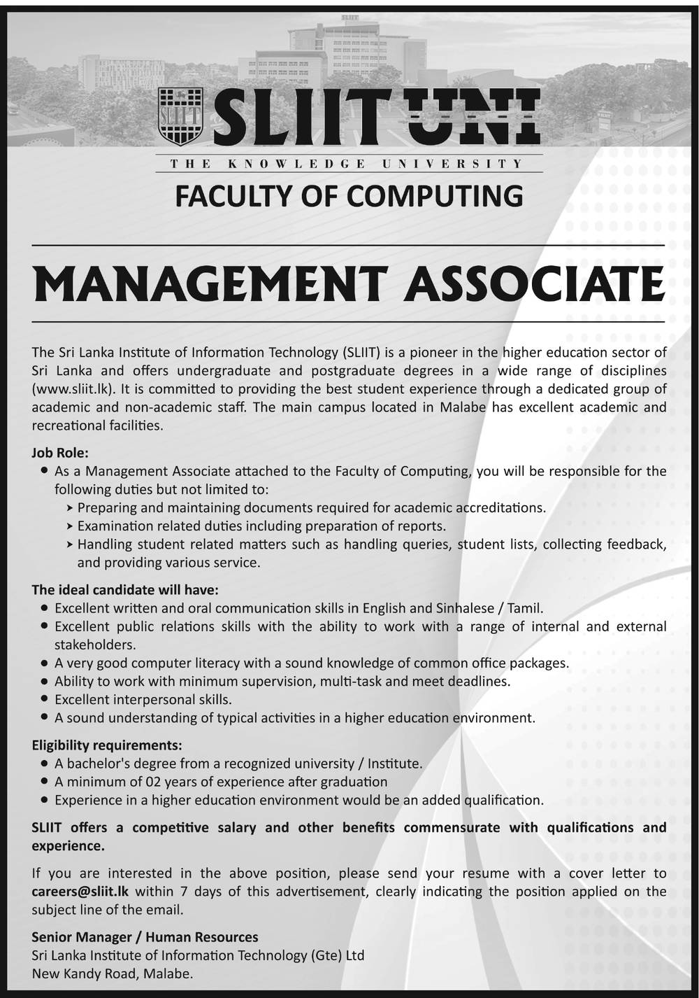 Vacancy in SLIIT Faculty of Computing - Management Associate