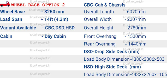 Ashok leyland Ecomet Star 1015HE option 2   Ashok leyland Ecomet Star 1015 HE of 3250mm wheelbase have a load body span of 14ft (4.3m) , the overall dimensions of cab & chassis (chassis without load body) are mentioned above including its overall length-6070mm, overall height-2780mm, overall width- 2207mm, & fuel tank capacity of 185 Ltr.   This vehicle comes with built body options like drop side deck & high side deck load body options with an internal cargo box / load body length of 4380mm & a width of 2306mm / 2260mm, the internal height of drop side deck is 583mm & high side deck is 1105mm.Please refer the top of the page for detailed specifications.