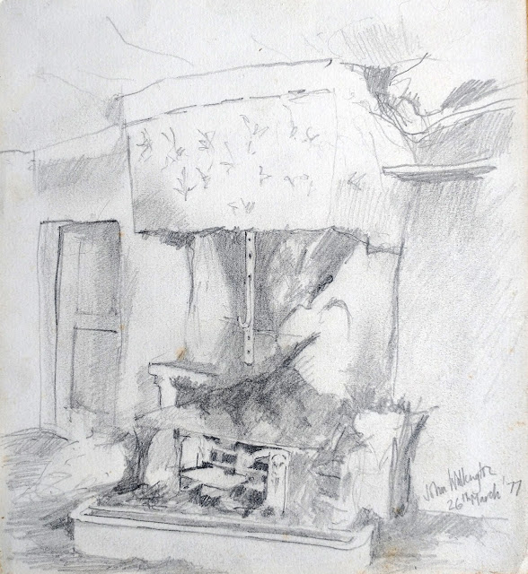 Pencil drawing of an abandoned hearth in a house that has seen better days, "Old fireplace," by William Walkington in 1977.