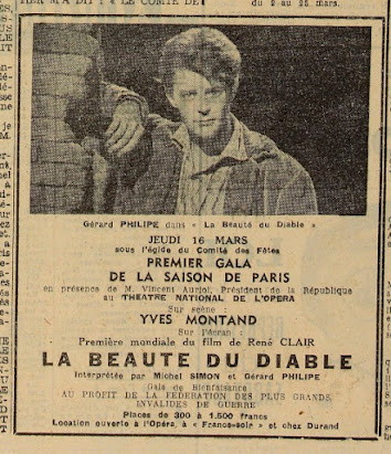 en 1950, annonce du Gala de l'Opéra de Paris avec "La beauté du diable" de René Clair (avec Gérard Philipe)