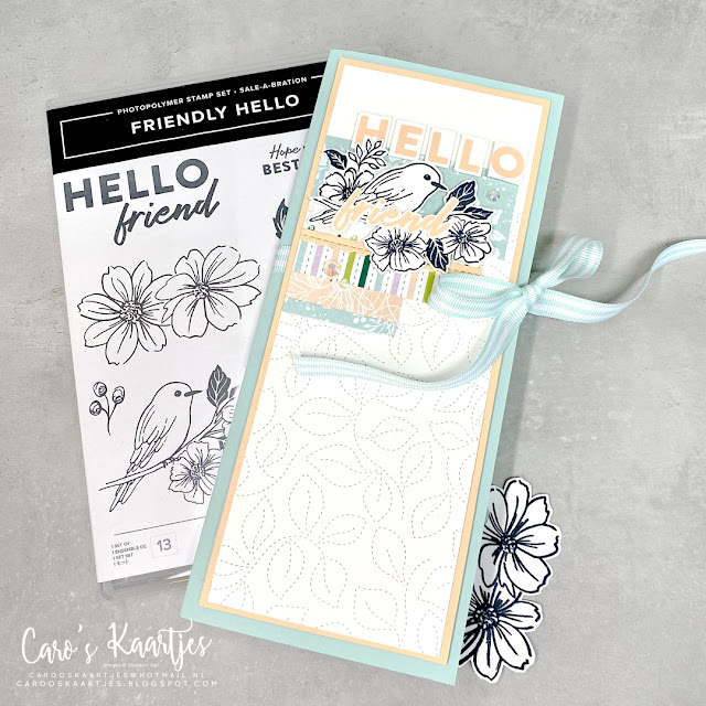 #TGIFC351 - Friendly Hello slimline kaart - SALE A BRATION - Caro's Kaartjes