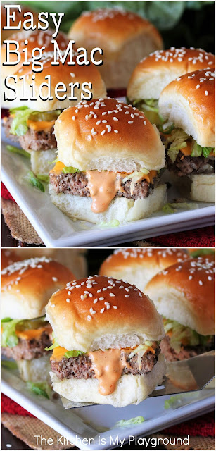 Big Mac Sliders ~ Enjoy the classic flavors of a Big Mac in adorable little slider form! Serve them up as an easy dinner main dish, or as a perfectly delicious party and game day snack.  www.thekitchenismyplayground.com