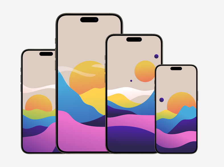 A set of four minimalist style wallpapers depicting abstract landscapes with mountains and sun, in varying shades of pastels and deep purples, designed for smartphones.