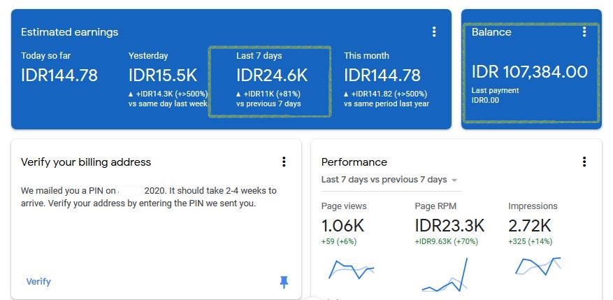An example, the balance is still only Rp107,00 but the person received Rp24,000 this week, so he has Rp131,000 total. Thus he is ready for identity and AdSense PIN verification.