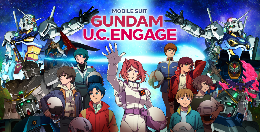 “Imagen promocional del juego móvil Mobile Suit Gundam U.C. ENGAGE, mostrando varios personajes y robots del juego en un fondo espacial colorido.”