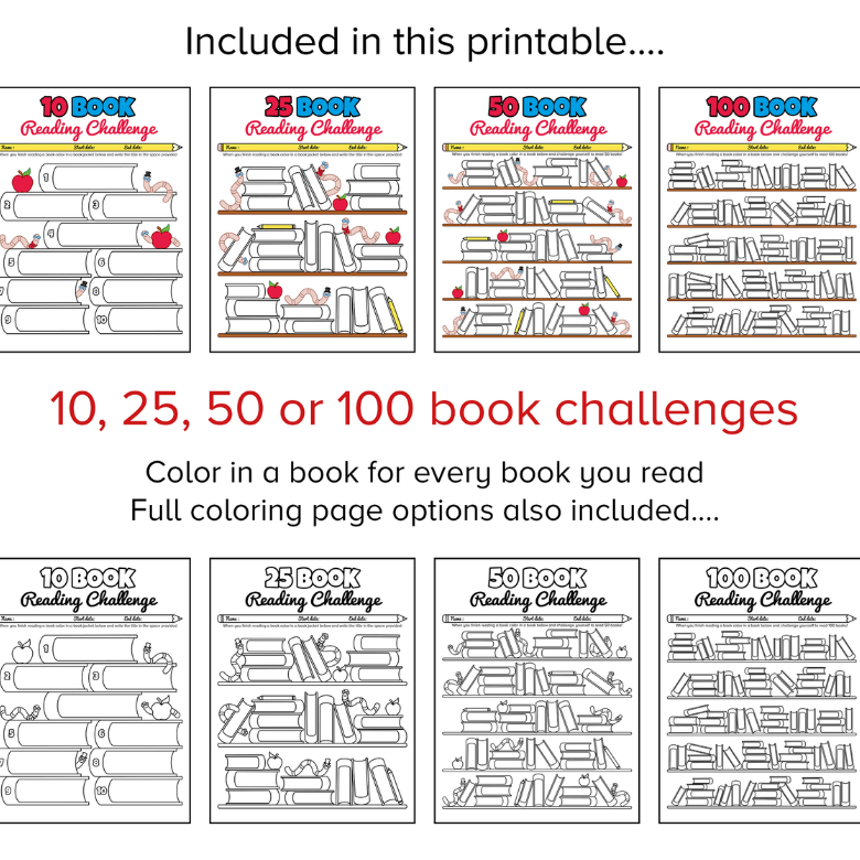 10, 25, 50, 100 books reading challenge printable