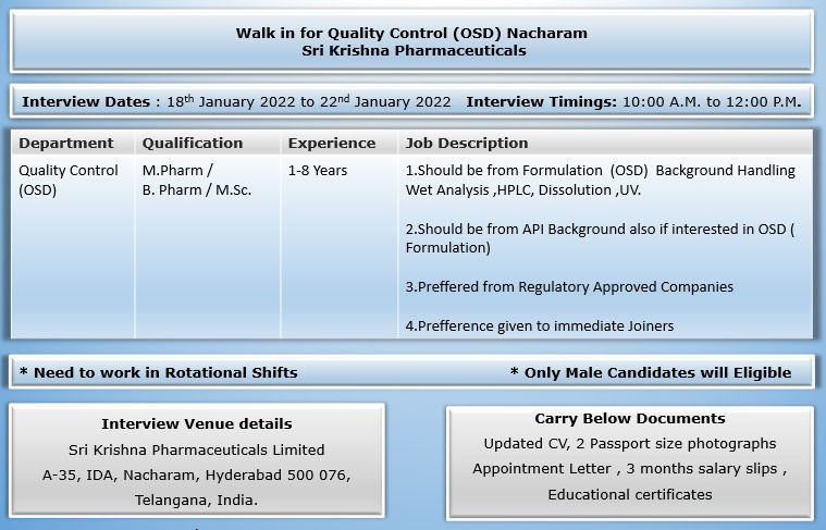 Job Availables,Sri Krishna Pharmaceuticals Walk-In-Interview For MSc/ B.Pharm/ M.Pharm