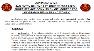 Indian Army Recruitment 2022 | JAG 29th Course Oct 2022 @Joinindianarmy.nic.in