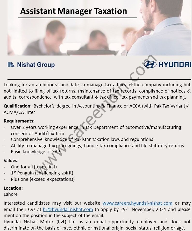 Hyundai Nishat Motors Pvt Ltd Jobs Assistant Manager Taxation