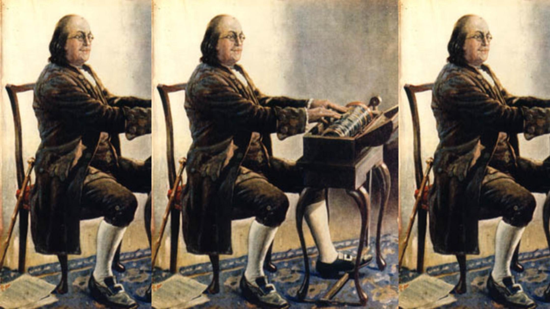 benjamin franklin saat memainkan Harmonika kaca ciptaanya