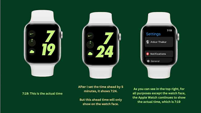 صورة توضح الوقت الفعلي والمستقبلي على Apple Watch باستخدام ثلاثة نماذج بالأحجام الطبيعية للساعات