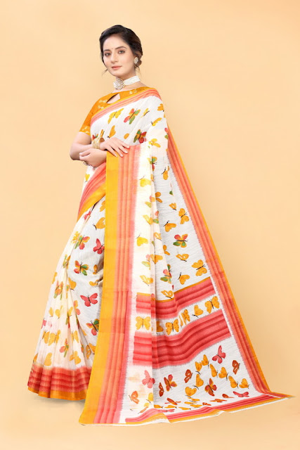 White and Mustard Cotton Printed Casual Saree