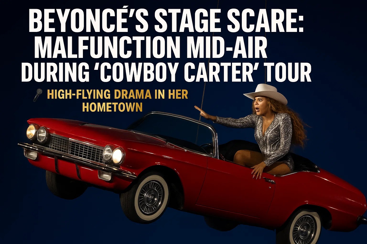 Beyoncé found herself at the center of unexpected drama during her “Cowboy Carter” tour stop in Houston. On Saturday night at NRG Stadium, the global superstar was performing “16 Carriages” aboard her signature red convertible prop when the car suddenly tilted mid-air, triggering panic among fans.