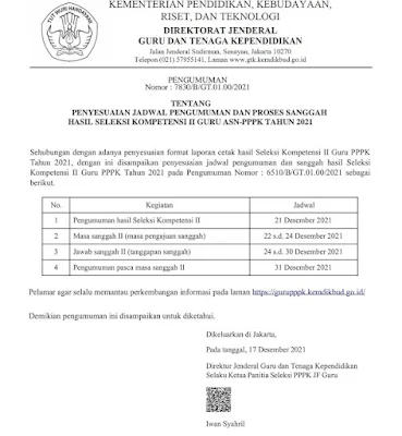 JADWAL PENGUMUMAN HASIL TES PPPK GURU TAHAP 2 TAHUN 2021