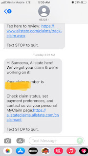 Text from Allstate posted by Fahmeena Odetta Moore