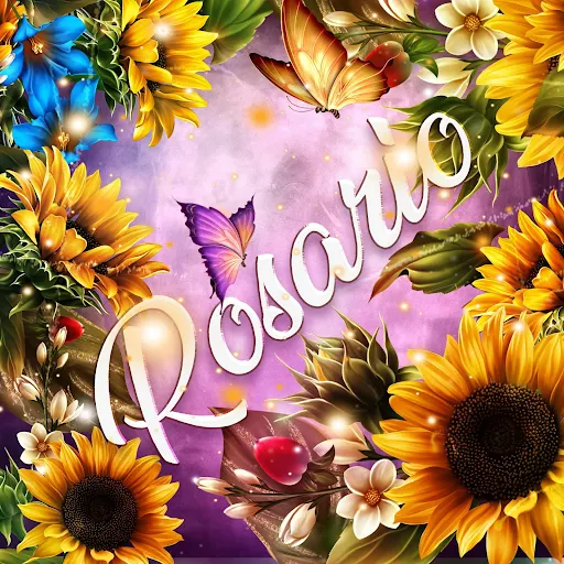 imágen con el nombre rosa con fondo de girasoles y mariposas para descargar gratis