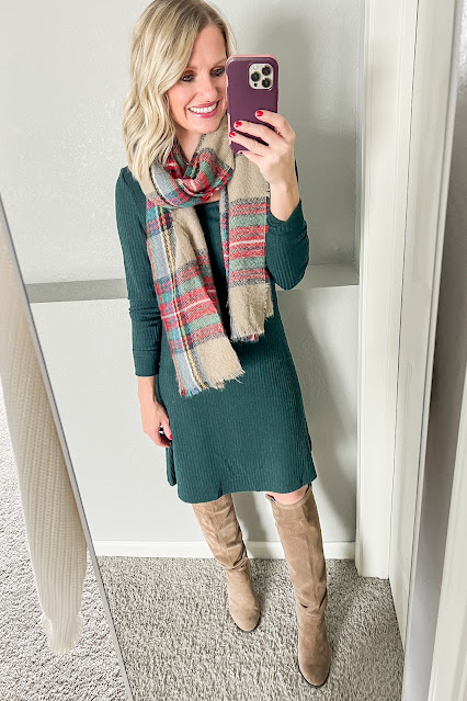Forest green dress with plaid scarf and boots