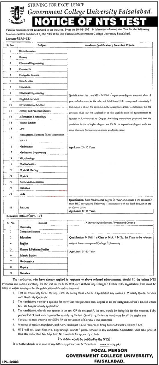 Government College University Faisalabad Latest  Jobs 2021