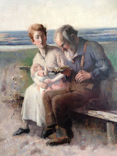 Detail of an untitled oil painting on canvas of a woman, baby and an old man, (Bench scene) by James Thwaite Irving, in 1885.