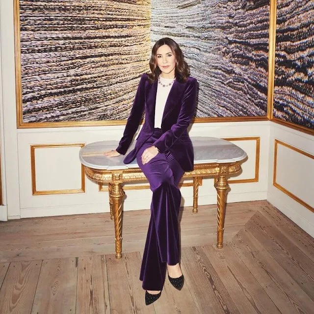 Crown Princess Mary wore a new clove velvet suit by Temperley London, and a georgia sequined pink gown by Jenny Packham