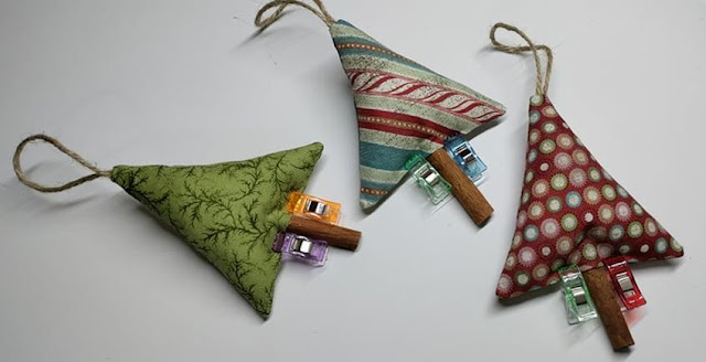 Fabric and cinnamon stick tree Christmas ornaments