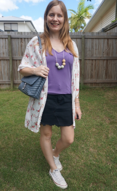 lilac tee black distressed denim skirt, converse, white floral kimono, Rebecca Minkoff Edie bag | awayfromblue