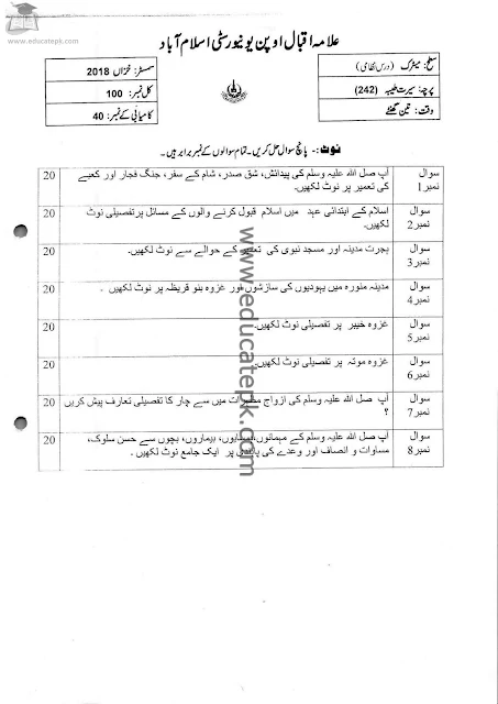 aiou-past-papers-matric-code-242