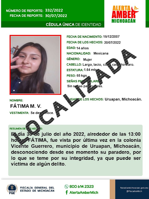  Localiza FGE a adolescente reportada como desaparecida en Uruapan