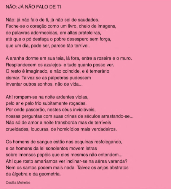 "Não: já não falo de ti, já não sei de saudades.  Feche-se o coração como um livro, cheio de imagens,  de palavras adormecidas, em altas prateleiras,  até que o pó desfaça o pobre desespero sem força,  que um dia, pode ser, parece tão terrível.    A aranha dorme em sua teia, lá fora, entre a roseira e o muro.  Resplandecem os azulejos- e tudo quanto posso ver.  O resto é imaginado, e não coincide, e é temerário  cismar. Talvez se as pálpebras pudessem  inventar outros sonhos, não de vida...    Ah! rompem-se na noite ardentes violas,  pelo ar e pelo frio subitamente roçadas.  Por onde pascerão, nestes céus invioláveis,  nossas perguntas com suas crinas de séculos arrastando-se...  Não só de amor a noite transborda mas de terríveis  crueldades, loucuras, de homicídios mais verdadeiros.    Os homens de sangue estão nas esquinas resfolegando,  e os homens da lei sonolentos movem letras  sobre imensos papéis que eles mesmos não entendem...  Ah! que rosto amaríamos ver inclinar-se na aérea varanda?  Nem os santos podem mais nada. Talvez os anjos abstratos  da álgebra e da geometria." - Cecília Meireles