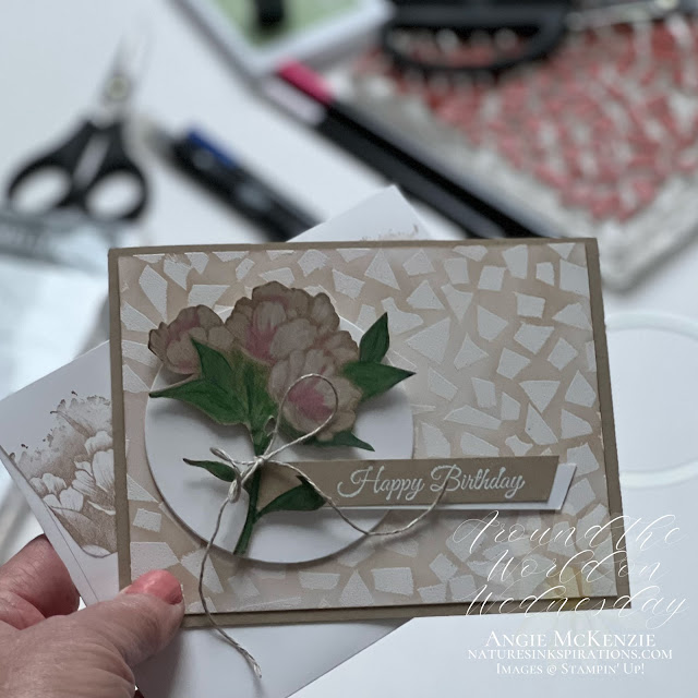 Emboss Resist Mosaic with Fussy Cut Camellia (holding card) | Nature's INKspirations by Angie McKenzie