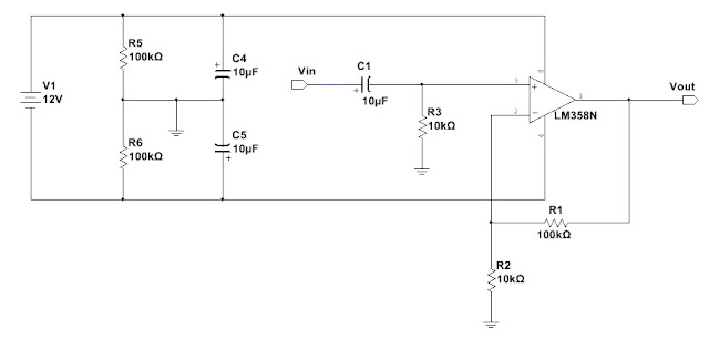 LM358 op-amp with dual supply from single supply