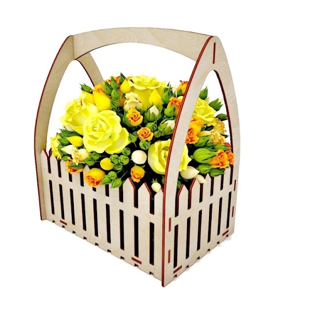 Laser Cut Wooden Flower Box Basket With Fence 4mm Free Vector
