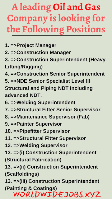 A leading Oil and Gas Company is looking for the Following Positions