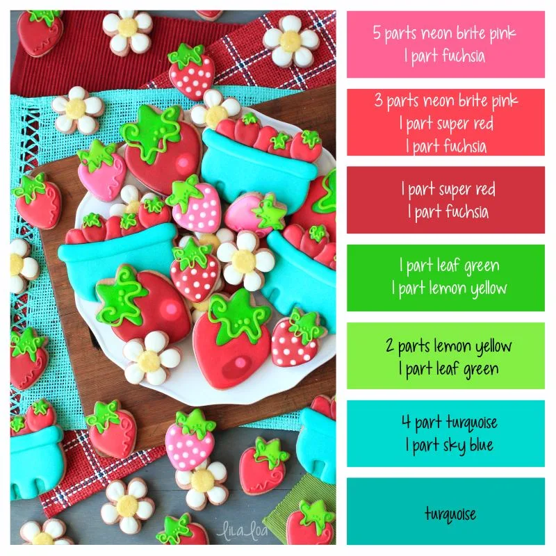 Strawberry decorated sugar cookies with color palette and formulas for icing and frosting