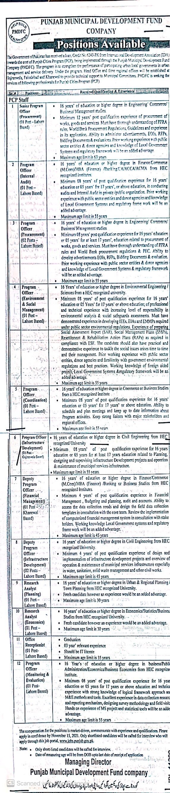 Punjab Municipal Development Fund Company PMDFC Jobs 2021