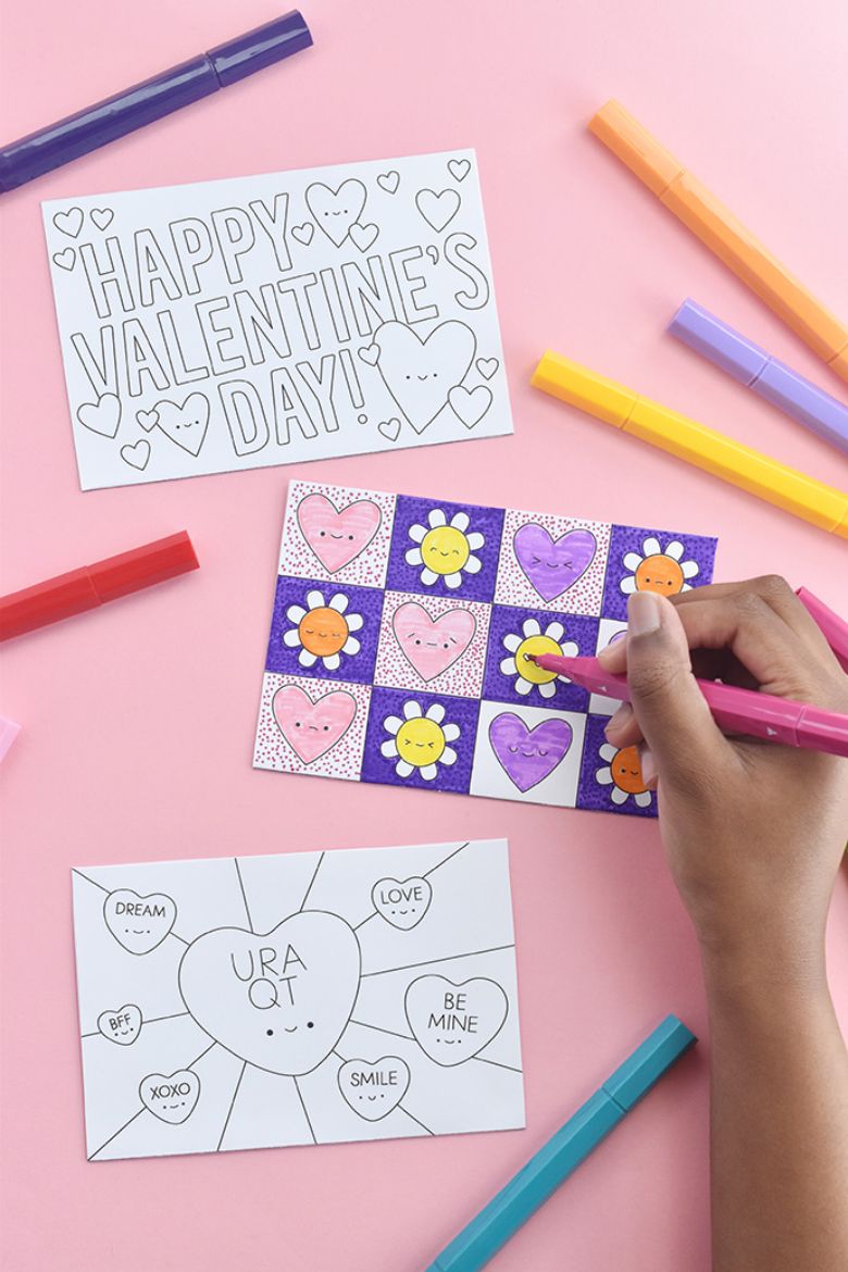 Colour in postcard printable valentines for kids