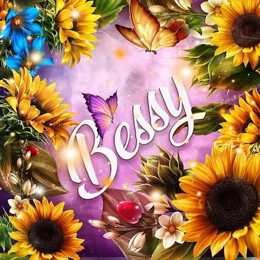 imágen con el nombre bessy con fondo de girasoles y mariposas para descargar gratis