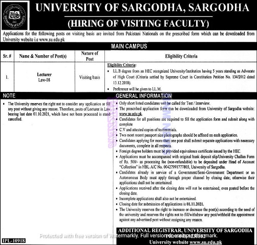 University of Sargodha, Hiring of Visiting Faculty of Lecturer