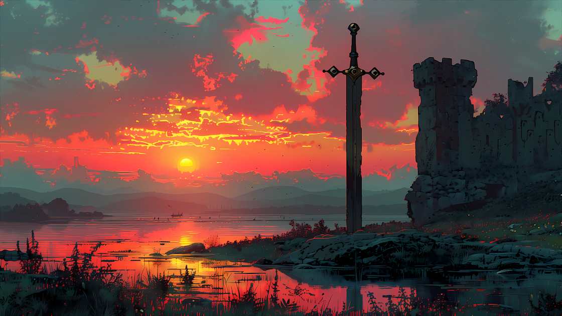 A majestic sword stands embedded in stone with a backdrop of a ruined castle and a stunning sunset over a tranquil lake.
