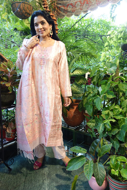 Dusty pink silk kani suit with dupatta. We have a range of these available