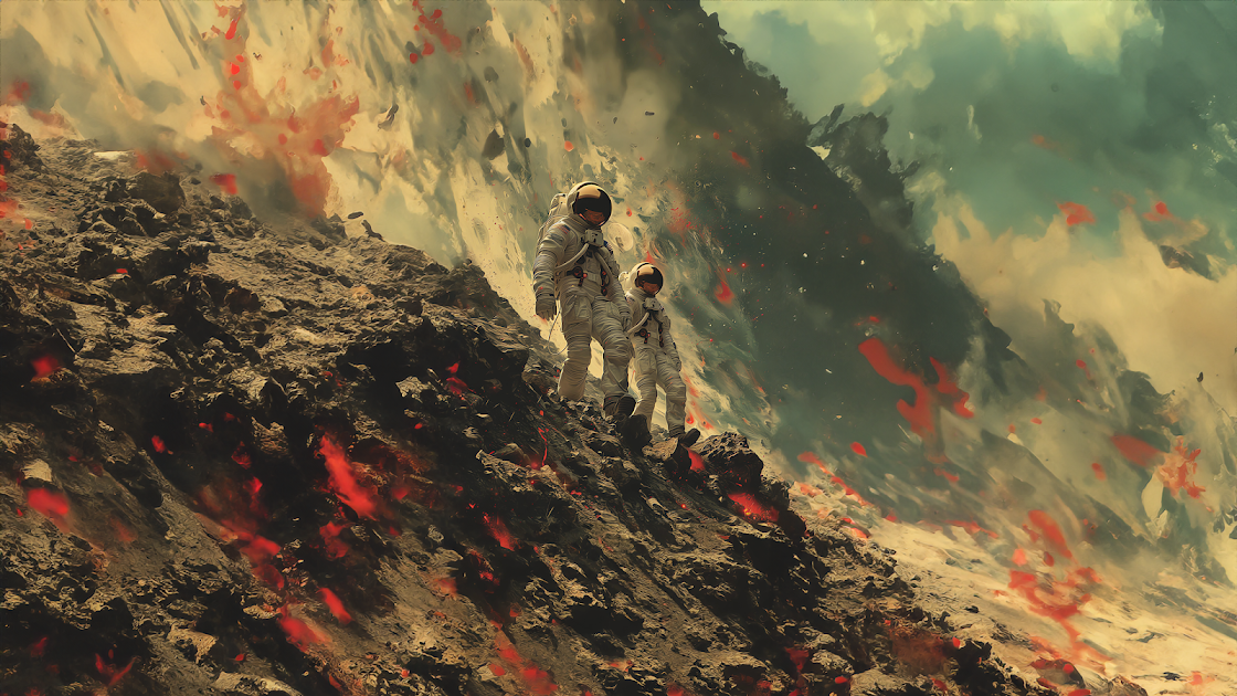 toplist wallpaper 4k. Two astronauts trekking on the rugged terrain of a volcanic extraterrestrial landscape with erupting geysers and flying debris