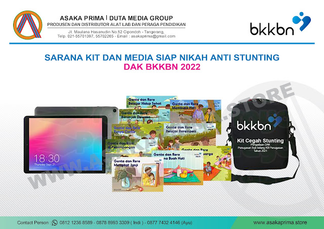 Kit Siap Nikah adalah media komunikasi, informasi, dan edukasi yang fokus pada Penyiapan Kehidupan Berkeluarga bagi Remaja (PKBR) di Pusat Informasi dan Konseling (PIK) Remaja dalam upaya memberikan pemahaman kesehatan reproduksi dan pencegahan Stunting bagi calon pasangan usia subur. Menu Kit Siap Nikah 1 (satu) Unit Kit Siap Nikah Berisi : a.	Tablet Spesifikasi Tablet: 1)	Ukuran minimal : 7,9 Inch 2)	Ram : Minimal 4 GB 3)	Memory Internal : Minimal 128 GB 4)	Operating system (OS) : Android 5)	Minimal Produk Keluaran Pabrikan Tahun 2021 6)	Casing diberi label pengadaan DAK Fisik Subbidang KB tahun 2022 (sesuai dengan tahun pengadaan). 7)	Tablet wajib diisi : a)	aplikasi games edukasi dan Komik Edukasi GenRe (Genta dan Rere) versi Digital: Aplikasi game edukasi adalah permainan game dalam jaringan (online) maupun luar jaringan (offline) yang dapat diunduh di website www.bkkbn.go.id, terdiri dari 9 (sembilan) subtema: pubertas, seksualitas, reproduksi, kesehatan dan gizi remaja, perilaku berisiko, tindakan berbahaya, kesiapan berkeluarga, tugas perkembangan dan fungsi keluarga serta pengasuhan keluarga sehat;   Game Edukasi “Dawn of Civilization” dengan subjek “Generasi Berencana” didalamnya dapat diunduh melalui website www.bkkbn.go.id perangkat smart phone. b)	Komik Edukasi GenRe (Genta dan Rere) versi digital; dan c)	buku calon pengantin hindari Stunting versi digital.   b.	Komik Edukasi Spesifikasi Komik 9 sub tema: a)	Komik Edukasi berupa 9 seri komik Genta dan Rere yang terdiri dari: •	Jilid 1 : Genta Dan Rere Belajar Hidup Sehat. •	Jilid 2 : Genta Dan Rere Beranjak Dewasa. •	Jilid 3 : Genta Dan Rere Punya Cerita. •	Jilid 4 : Genta Dan Rere diPersimpangan. •	Jilid 5: Genta dan Rere Membuka Hati. •	Jilid 6 : Genta Dan Rere Belajar Berempati. •	Jilid 7: Genta Dan Rere Mengikat Janji. •	Jilid 8: Genta Dan Rere Bersama Buah Hati. •	Jilid 9: Genta Dan Rere Membina Keluarga. b)	Ukuran : B6; c)	Bahan/Isi : Art Paper 100 gram; d)	Jumlah Halaman : +iii, 1-26; e)	Cetak Isi : Full Colour; f)	Bahan Cover : Art Karton 230 gram; g)	Cetak Cover : Full Colour; h)	Finishing : Jahit Kawat/Straples/Spiral; dan i)	Cover : •	Bagian atas terdapat logo BKKBN. •	Bagian bawah terdapat logo Kab/Kota serta tulisan nama OPD-KB kab/kota. - Terdapat tulisan DAK Fisik Subbidang KB tahun pengadaan 2022.   c.	Tas Tas berfungsi untuk menyimpan dan membawa Kit Siap Nikah berbahan kain polyester D.1680, diberi label “Kit Siap Nikah” - Pengadaan DAK Fisik Subbidang KB tahun 2022” . Untuk pemesanan atau informasi silahkan hubungi alamat kontak kami : CV.ASAKA PRIMA | DUTA MEDIA GROUP. PERCETAKAN & DISTRIBUTOR ALAT LAB & PERAGA PENDIDIKAN. Jl.Maulana Hasanudin No.52 Cipondoh - Kota Tangerang 021 5570 1397 021 5570 2265 https://wa.me/6287782527700 https://wa.me/6281212368589 https://wa.me/6281284866079 https://wa.me/6287774324146 https://wa.me/6281380537399 www.alatperaga.online www.grosiralatperagasekolah.com/ Email : asakaprima@gmail.com  https://www.asakaprima.store/