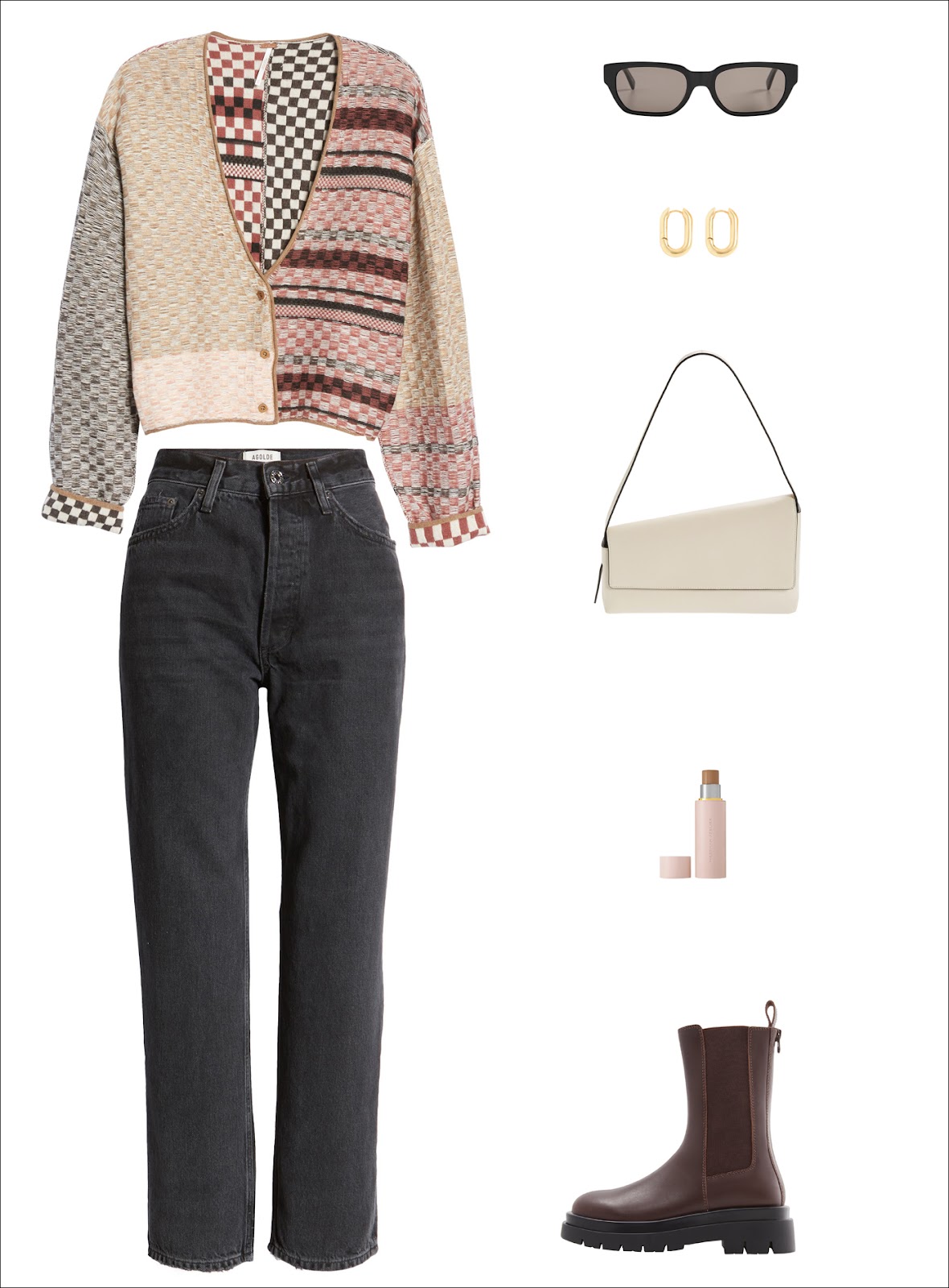 Winter outfit idea with a checkered cardigan sweater black sunglasses, gold hoop earrings, Staud white shoulder bag, black straight-leg jeans, brown lug-sole boots — checkered print trend