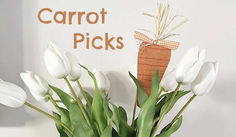 cardboard carrot in white tulips with overlay